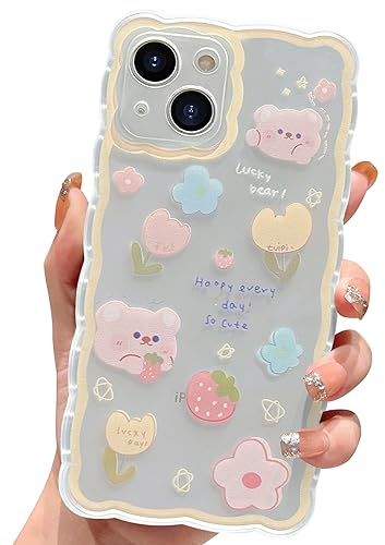 HZLFCZL Kompatibel mit iPhone 15 Hülle Blumen Bär Aesthetic Handyhülle Kameraschutz Case Niedlich Muster Mädchen Frauen Kawaii Weich TPU Transparent Phone Case for iPhone 15-Gelb