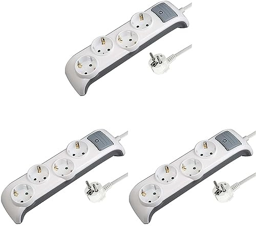 Electraline 62505 Bridge Steckdosenleiste 4-Fach mit Schalter, Kabel 2m / Mehrfachsteckdose/Tischsteckdose Steckerleiste, Weiß (Packung mit 3)