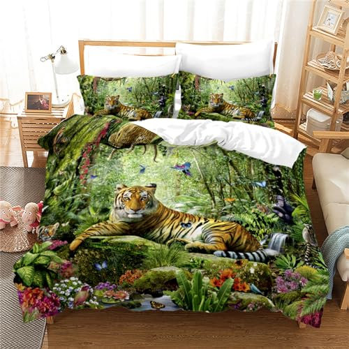 OaKita Housse de Couette Tigre Animal Vert Forêt Parure De Lit Animal Tigre Microfibre 3D Tigre Imprimé Parure de Lit 3 Pièces avec 2 Taies d'oreiller (A06,90x190cm/50x75cm)