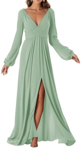 Long Sleeve Bridesmaid Dresses with Slit Chiffon Formal Dress for Women Sage Green UK12