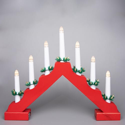 SHATCHI Traditional Wooden Pre-Lit Red Candle Bridge Light 7 LEDs Bulbs - Battery Powered - Window Christmas Tree Home Office Desk Light Holiday Xmas Festive Decoration