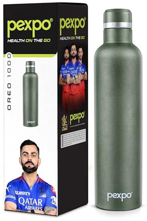 Pexpo Oreo Pro Stainless Steel Hot and Cold Vacuum Insulated ISI Certified Flask, 1000ml, Military Green | Double Wall Flask | BPA Free | Office | School | Home | Hiking | Gym| Limited RCB Edition