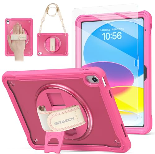 BRAECN Cover per iPad (A16) 11/10 Generazione - 2025/2022 11/10.9 Pollici | Antiurto Robusto Custodia con Integrato Pellicola Prottetiva, Supporto Rotante 360/Cinghia a Mano, Tracolla Portatile, Rosa