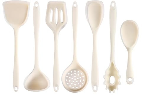 jumbans Juego de 7 utensilios de cocina antiadherentes de silicona para cocinar y hornear, espátula, utensilios de cocina multifuncionales, fáciles de usar, color blanco
