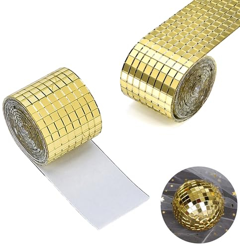 Bajiuxhfei 3200 Stück Spiegel Mosaik Fliesen Disco Kugel, Selbstklebende Mini Spiegel, Selbstklebend Echt Quadratisch Glas, Selbst Adhesive Mosaic Glas für Badezimmer, Hotel(5 mm x 5 mm) (Golden)