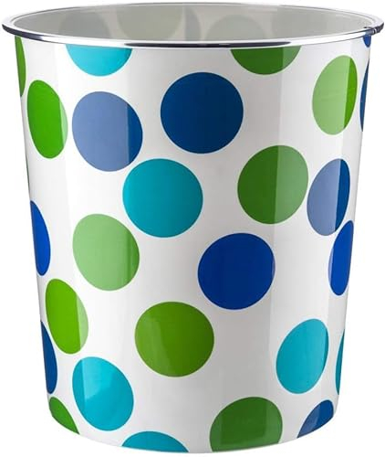 BARGAIN4ALL Plastic Basket Waste Dust Bin Round Waste Basket | Rubbish Bin for Home Office Bathroom Kitchen Garbage Container Wastebasket Dustbin 7.7 Litre (Blue & Green Polka Dot)