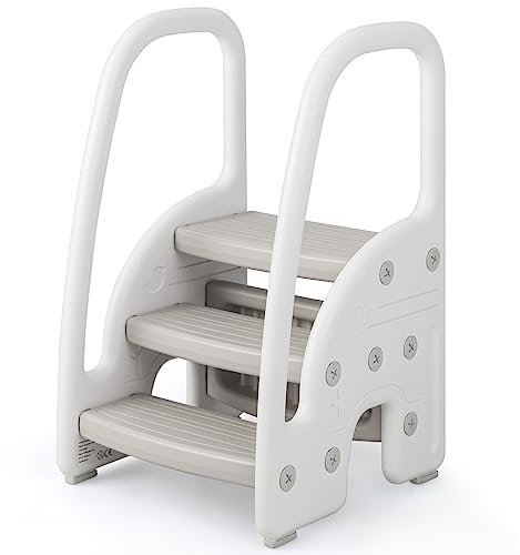 GYMAX Scaletta a 3 Gradini per Bambini, Sgabello per Bambini con Maniglie, Sgabello di Apprendimento Regolabile in Plastica per Addestramento al Vasino, 43 x 42 x 70 cm (Grigio)