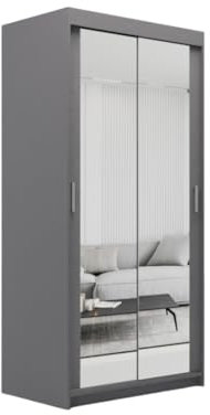 ELUKS SKY Double Sliding Doors Wardrobe with Mirror Drawers Furniture for Bedroom Living Room and Hall Wardrobe Organizer Width 100cm/120cm/150cm/180cm/200cm (Grey, 100cm)