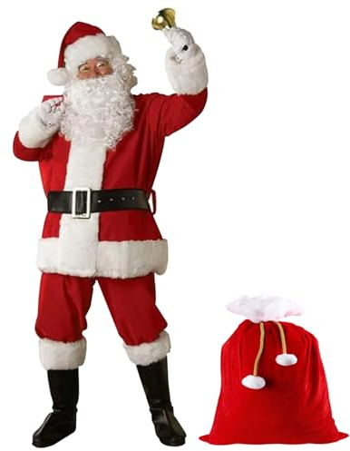 XUEYEGONGJI Santa Claus Kostüm 11pcs/Set Santa Outfit für Männer Frauen Weihnachtskostüme einschließlich Jackenhosen Hut Perücken Bartgläser Handschuhe Glockenstiefel Belt & Bag 4XL Kostüme