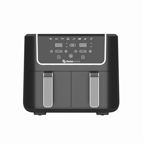Freidroa de aire de 2100W y 2 Ollas de 3L con 8 Funciones, revestimiento antiadherente y pantalla LED SwissHome