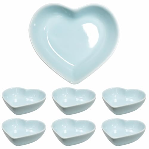 Lotatheta Light Blue 6 pcs Soy Sauce Snack Dish Heart Shaped Porcelain Ceramic Dip Dipping Bowls 1.65 oz for Dinner Baking BBQ and Cooking