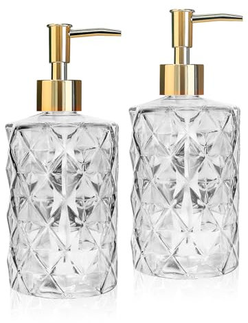 AstraLoom Glas-Seifenspender Set 2x330ml - Rautenmuster Design in Transparent/Gold - Für Bad & Küche, Lotionen & Ätherische Öle