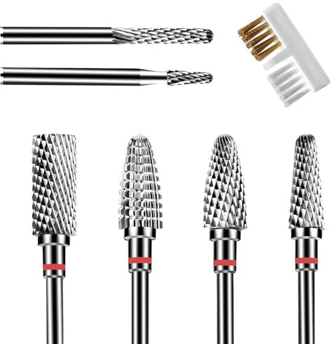 Lermende 6Pcs Nail Drill Bits Professional, 3/32'' Electric Nail Drill Bits Set for Acrylic Nails, Cuticle Nail Drill Bit Quick Gel Polish Remover Manicure Pedicure Tools with Cleaning Brush (Red)