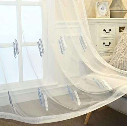 Aotiwe Gardinen Wohnzimmer Halbtransparent, Vorhang Outdoor Garten Weizen Bestickt Blau Vorhang Boho Outdoor Gaze 2er Set 137 x 244cm