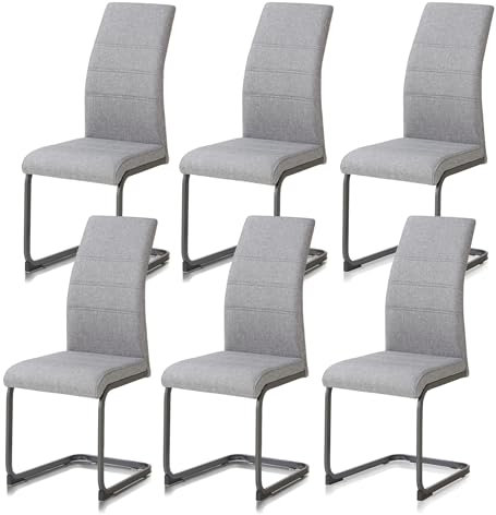 KHG 6er Set Schwingstuhl, Küchenstuhl Grau, Polyester Flachgewebe, Gestell pulverbeschichtet schwarz inkl. Fußbodenschoner, Esszimmerstuhl bis 110 kg Belastbar