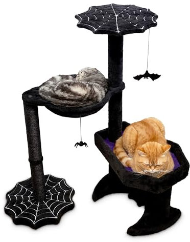 Littlesy Gothic Cat Tree with Coffin Bed, Hammock, Spider & Bat Toys - 35 Inch Tall Gothic Cat Lovers' Experience in Black and Purple