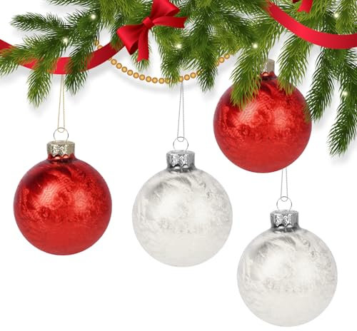 absolove Weihnachtskugeln Glas 6CM, 16er Set Christbaumkugeln, Rot und weiß, Weihnachtskugeln Ornamente mit Federtextur für Christbaumschmuck, Heimdekoration und Andere Festliche Dekorationen