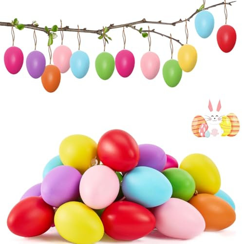 24 Stück Ostereier zum Aufhängen, 6 cm Ostereier Plastik, Ostereier Aus Kunststoff zum Aufhängen, Ostern Dekorieren, Plastik Eier Ostern, Eier Ostern Deko für Innen Außen und Osterstrauchdeko