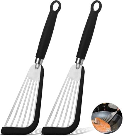 Foyucool Silikon-Fischwender, Pfannenwender Edelstahl, Küchenutensilien, Hitzebeständig und Flexibel, für Antihaft-Kochgeschirr, Fisch, Ei, Steak, Pfannkuchen, Silikongriff - Schwarz, 2 Stück