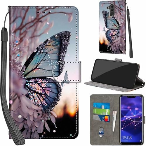 Fundas para Huawei Mate 20 Lite Funda de Flip PU Carcasa Protectora con Ranuras Tarjetas Cierre magnético función Atril Estuche para Huawei Mate 20 Lite,Mariposa