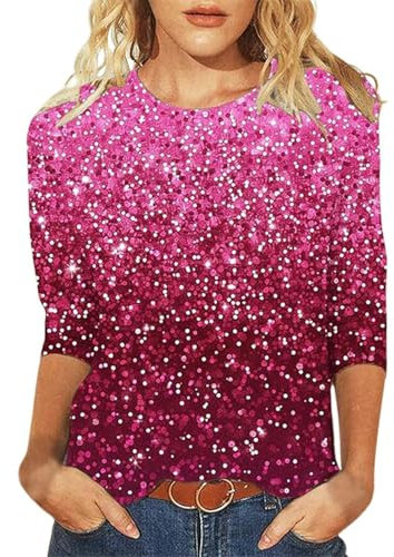 BGFIPAJG 2025 Top da Donna con Paillette, Magliette Tuniche Taglia Forti con Brillantini Eleganti Top Brillantinato Casual Curvy Maniche a Tre Quarti T-Shirt Donna per Feste e Serate Rave