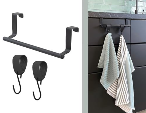 Handtuchstange Schwarz 23cm – Inklusive 2 Leder-S-Haken – Handtuchstange Zum Hängen über Küchenschrank
