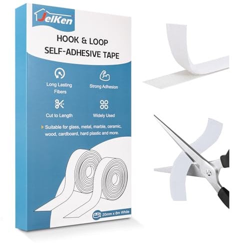 JelKen Hook and Loop Tape, 20mm x 8m, Heavy Duty Self Adhesive Tape Extra Strong Double Sided Sticky Strips for Carpet Picture Hanging Fabric Home Office Industrial | Cut-to-Length (White)