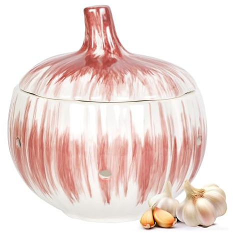 Bortivier Garlic Keeper for Counter with Lid Ventilated Ceramic Garlic Keeper, Storage Container to Keep Your Garlic