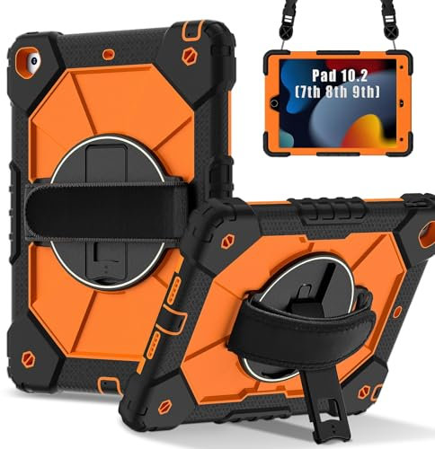 Case Tablet PC Compatible avec iPad 9e/8e/7e génération 10,2 pouces 2021/2020/2019, coque antichoc hybride en silicone et PC avec support rotatif à 360°, coque anti-rayures, sangles d'épaule/poignet T