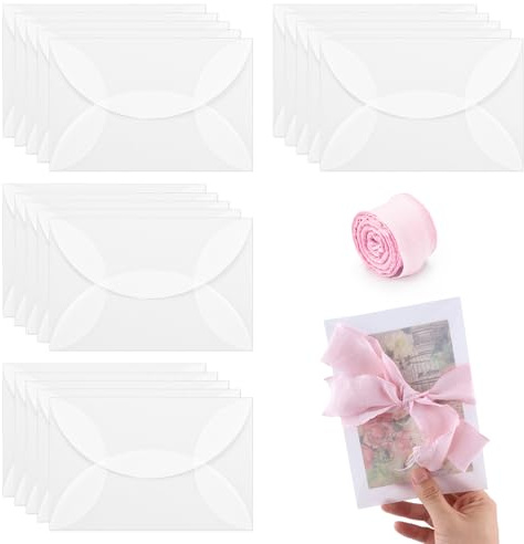 LELE LIFE 20 Stück vorgefaltete Pergamenthüllen für 12,7 x 17,8 cm Einladungen, 135 g/m² Pergamentpapier und 9,1 m rosa Band, durchscheinende Hochzeitseinladungshüllen, Umschlageinlagen