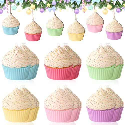 Kathfly 24 Pcs Pastel Christmas Cupcake Ornament Pastel Candy Wooden Cupcake Ornament Hanging Pendant Macaron Color Dessert Tree Decoration for Christmas Tree New Year Easter Birthday Party Supplies