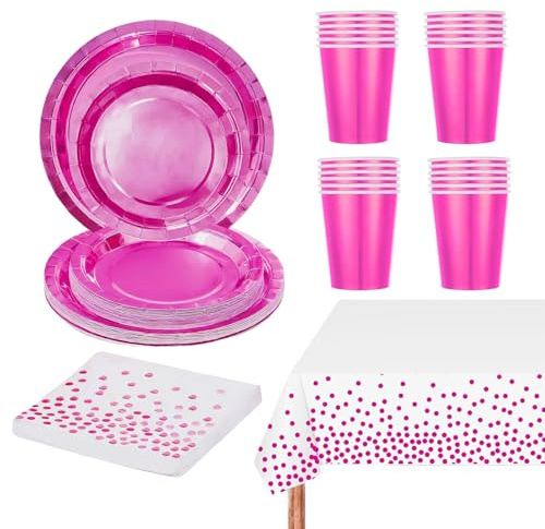 97 Pcs Rose Red Foil Tableware for Her,Rose Red Party Plates Paper Cups and Napkins for Birthday Decoration,Girls Sparkling Pink Dot Tablecloth for Xmas Dinnerware Wedding,Baby Shower Party Tableware