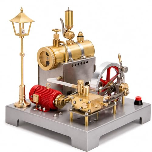 SE-02 Vintage Horizontal Steam Engine Model with Working Boiler & Light-Up Street Lamp, 100+PCS Metal DIY Kit for Adults, Collectors & Home Office Decoration