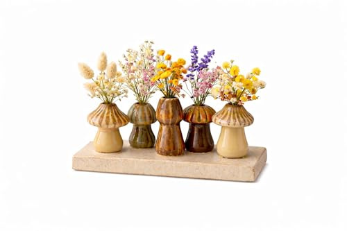 Dekovase Handgefertigte kleine Keramik Deko Blumenvasen Set aus kleinen Vasen, bunt & weiß, dekorative Keramikvasen auf Sockel für Trockenblumen, hübsche Mini Vase (Vase (5er) Pilz - 20cm)