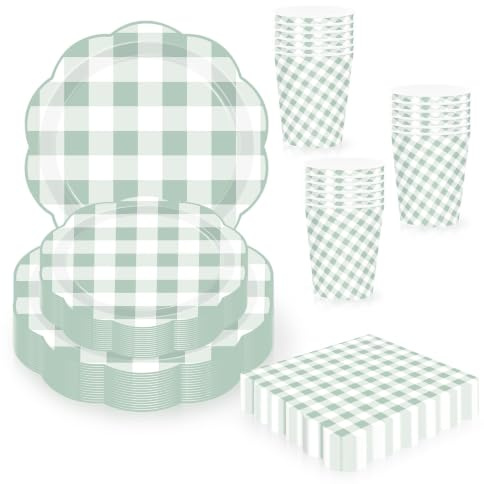 80pcs White and Sage Green Gingham Paper Plates and Napkins Party Tableware Disposable Set,Scalloped Checkered Dessert Plate Cups Napkin Serviettes for Birthday Baby Shower Wedding Xmas Picnic Party