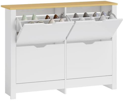 HOMCOM Schuhschrank mit 4 Klappen Schmal 105 x 26 x 80 cm Weiß | Schuhkipper mit verstellbar Trennwand, Schuhregal Schuhkommode, für 16 Paar Schuhe