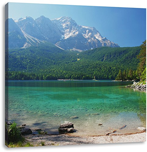 Pixxprint Atemberaubender Bergsee mit schneebedeckten Berggipfeln, Größe: 70x70, Leinwandbild Quadratisch, Wandbild, Kunstdruck, fertig bespannt