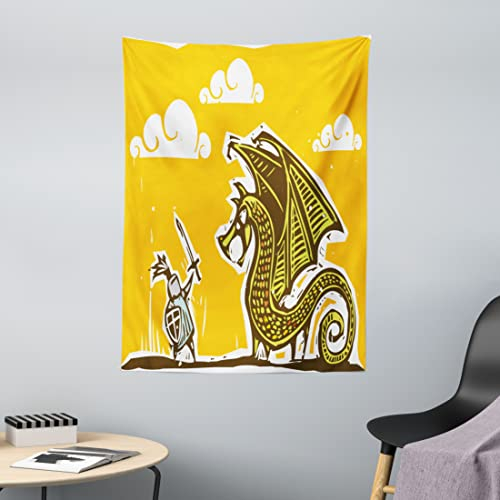 ABAKUHAUS Gelb Wandteppich, Ritter mit Drachen aus Weiches Mikrofaser Stoff Waschbar ohne Verblassen Digitaldruck, 110 x 150 cm, Gelb