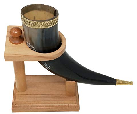 Galaxy Indiacraft Viking Drinking Handmade Natural OX Horn | Tankard | Mug | Cup for Ale, Beer, Mead, Wine | 12 to 15 Inch | 100% Leak Free | with Beautiful Wooden Stand (Set of 1)
