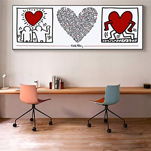 EUpMB Leinwandbilder Bild auf Leinwand Vlies Wandbild Kunstdruck Wanddeko Wand Wohnzimmer, Abstrakte Graffiti-Kunst von Keith Haring Peace Love Street Art Er 40x120cm ohne Rahmen L499