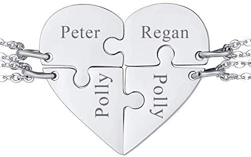JewelryWe Schmuck Personalisierte Halskette mit Gravur, 4PCS Herz Puzzleteile Anhänger Edelstahl Familien Freunde Kette Geschenk Silber