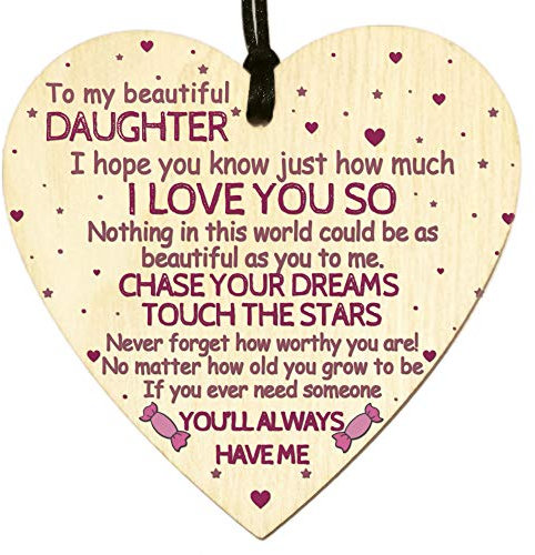 To My Beautiful Daughter I Love You Birthday Card Gifts for Her Sweet Baby Girl Princess from Mum Dad Wooden Heart Sign Plaque Keepsake Decoration