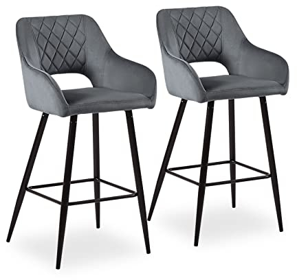 CLIPOP Barhocker 2er Set Samt Gepolsterte Barstuhl mit Rückenlehne und Armlehne, Frühstück Küche Theke Barstühle für Kücheninseln und Hausbar (grau)