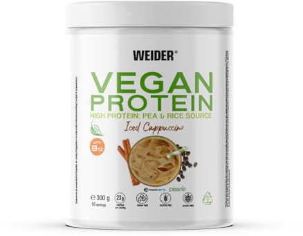 Weider Vegan Protein (300g) Gusto Cappuccino. Proteine Vegane 23g/dose isolate di piselli e riso, Con Vitamina B12 e Stevia, Senza Glutine, Senza Zucchero, Contenitore 50% Riciclato, 100% Riciclabile