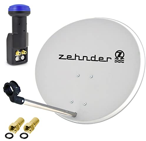 Zehnder 60cm Spiegel Schüssel Stahl + Twin LNB | 2 Teilnehmer SAT Anlage HD Digital Set hellgrau | DVB-S/S2 Full HDTV 3D 4K Ultra HD UHD Empfang