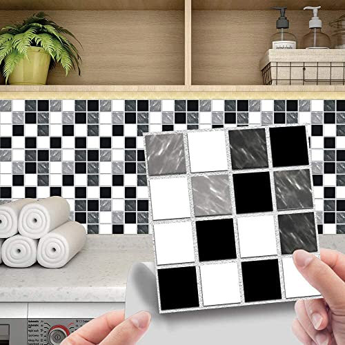 mzoLife 24pcs Wall Sticker Decals - Self-Adhesive, Peel and Stick Tile Transfer Covers (4 x 4in/10 x 10cm, Black and White)