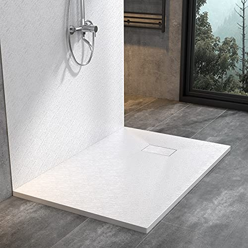WITEN&NOCK Duschwanne 90x90 cm SMC Brausewanne Weiß Steinoptik Antirutsch Duschtasse Höhe 3,2 cm Niedrige Schwelle Extraflach Brausetasse