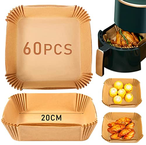 Air Fryer Liners 120Pcs Air Fryer Accessories Disposable Airfryer Liners Square Parchment Paper Greaseproof Non-Stick for Air Fryer, 7.9 Inch (60 PCS - 20CM / Square)