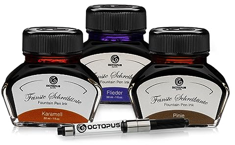 Octopus Schreibtinte Karamell, Flieder, Pinie, Füllhaltertinte im Tintenglas mit Konverter, Geschenkset Schreibtinte für Füller und Feder, Tinte zum Schreiben und Malen, 3 x 30 ml