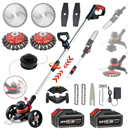 SHJICH Akku Rasentrimmer Mit Akku, 4-In-1 Multifunktion Rasentrimmer Akku, 8000mAh Freischneider mit Unkrautbürste, 24V Akku Freischneider, 115~165cm Teleskop-Stiel,für Garden,Unkraut,Rasen,Zweig